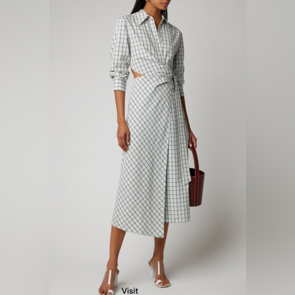 Tibi Green Check Elliot Cut-Out Wrap Dress